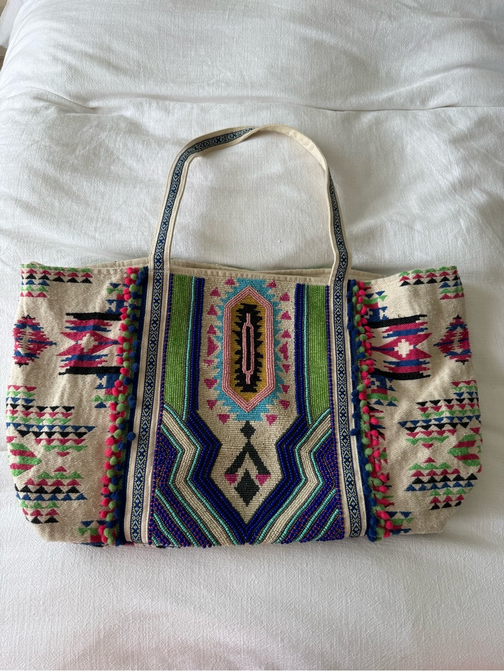 America and Beyond Boho Beaded Tote Bag in Cream with Multicolor Embroidery